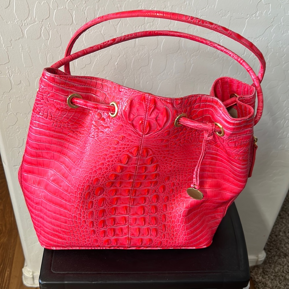 Brahmin Trina Amalfi Melbourne Hot Pink Croc Leather Bucket Handbag